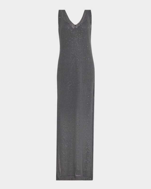V-Neck Linen-Silk Paillette Knit Maxi Dress